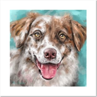 An Expressive Painting of a Brown and White Australian Shepherd Smiling Posters and Art